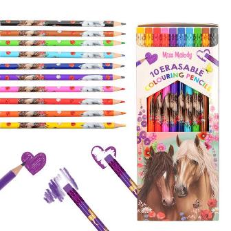 10 lindos lápices de colores intensos y  borrables con diseno de caballos de Miss Melody