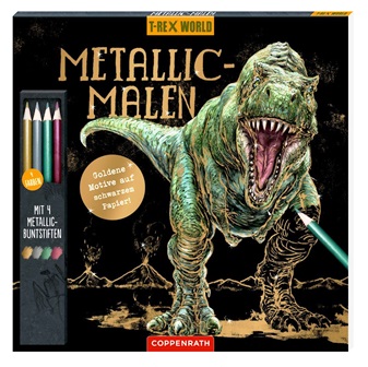 Bloc para colorear con paginas negras y lapices metalicos de T-Rex World